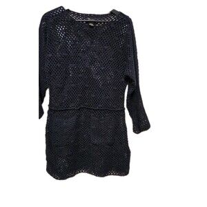 Pure Handknit Black Crochet Cardigan Pockets Beach cover-up 100% Cotton M/L